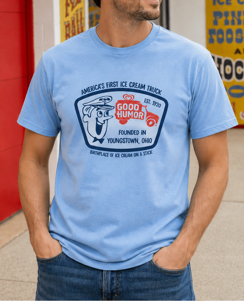 Man wearing a Good Humor™ The Novelty Ice Cream Tee showcasing the iconic Good Humor character, vintage ice cream truck logo, and nostalgic branding.