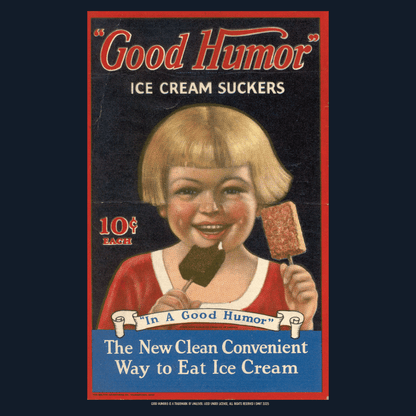 Vintage Good Humor™ historical advertisement artwork featuring a retro illustration of a girl enjoying an ice cream treat and classic Good Humor branding.