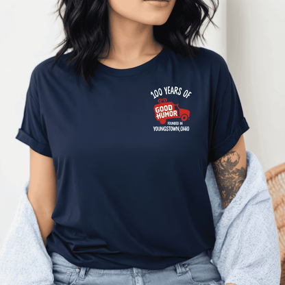 Woman wearing a Good Humor™ Vintage Historical Girl Ad Tee featuring nostalgic ice cream advertisement artwork and vintage-inspired branding.