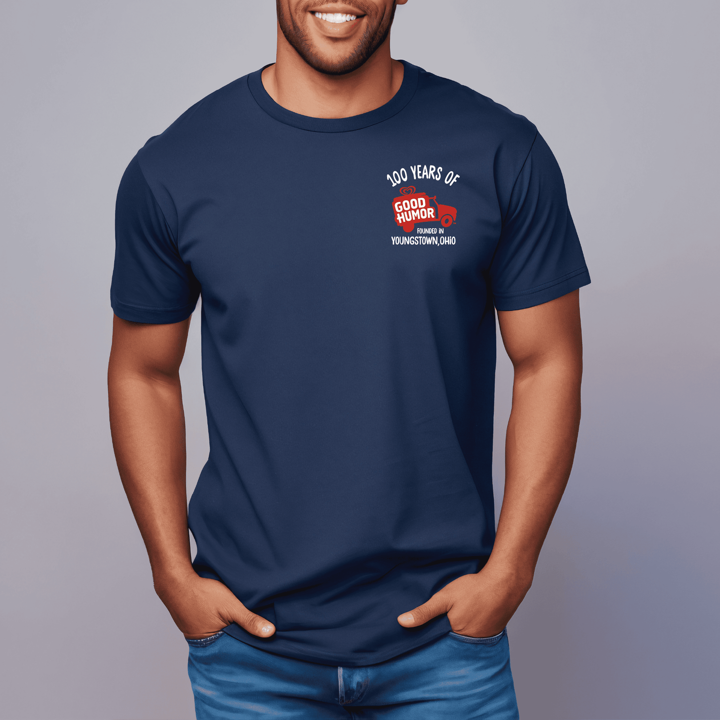 Man wearing a Good Humor™ Vintage Historical Girl Ad Tee showcasing a classic ice cream advertisement graphic and nostalgic Good Humor branding.