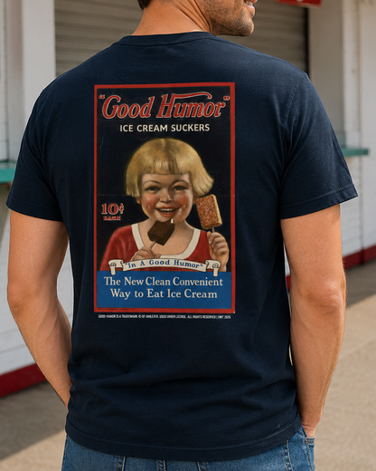 Man wearing a Good Humor™ Vintage Historical Girl Ad Tee showcasing a classic ice cream advertisement graphic and nostalgic Good Humor branding.