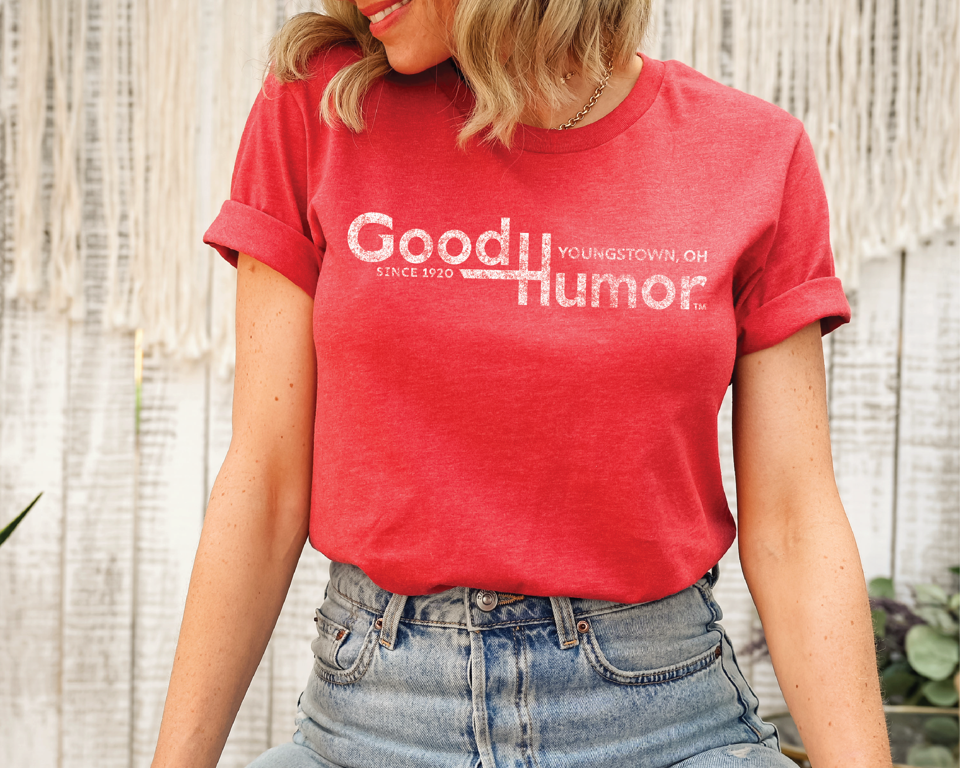 Woman wearing a Good Humor™ Vintage Ice Cream Bar 1920 Tee featuring nostalgic ice cream bar artwork and retro branding inspired by Youngstown, Ohio.