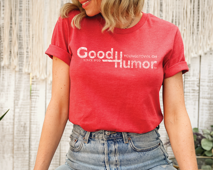 Woman wearing a Good Humor™ Vintage Ice Cream Bar 1920 Tee featuring nostalgic ice cream bar artwork and retro branding inspired by Youngstown, Ohio.