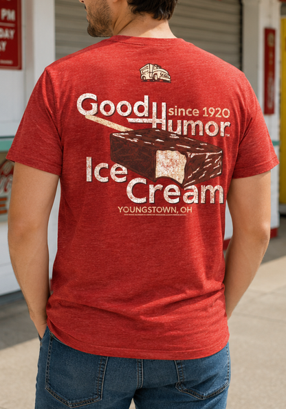 Man wearing a Good Humor™ Vintage Ice Cream Bar 1920 Tee showcasing a classic chocolate-covered ice cream bar graphic and vintage-inspired branding.