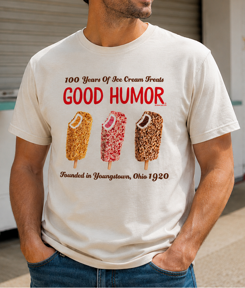 Man wearing a Good Humor™ What's Your Humor? Vintage Funny Ice Cream Shirt showcasing retro ice cream graphics and nostalgic Good Humor branding.