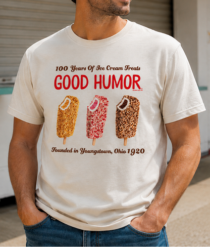 Man wearing a Good Humor™ What's Your Humor? Vintage Funny Ice Cream Shirt showcasing retro ice cream graphics and nostalgic Good Humor branding.