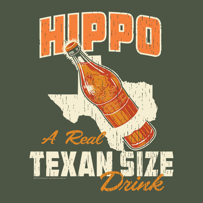 Close-up of the Hippo Size® Texan Size Drink graphic featuring a vintage soda bottle over a Texas silhouette with retro distressed artwork.
