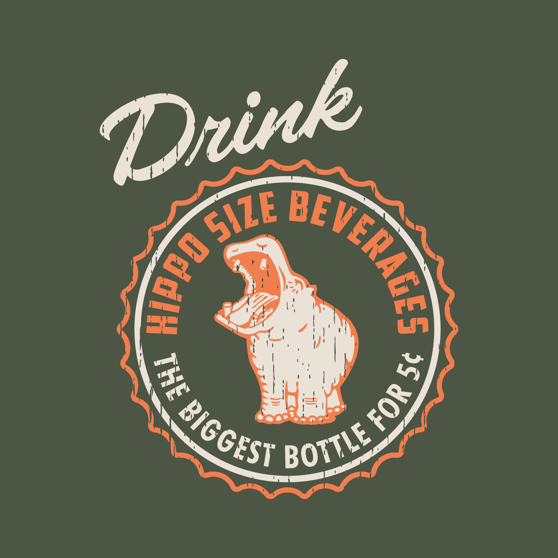 Close-up of the Hippo Size® Beverages chest logo featuring the iconic hippo mascot and vintage soft drink branding.