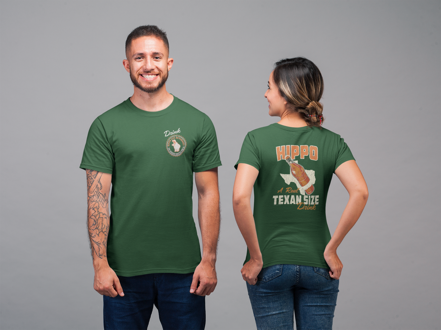 Hippo Size® Beverage – Texan Size Drink Unisex Graphic Tee featuring a retro Hippo Size chest logo on the front and a vintage Texas-themed soda bottle graphic on the back.