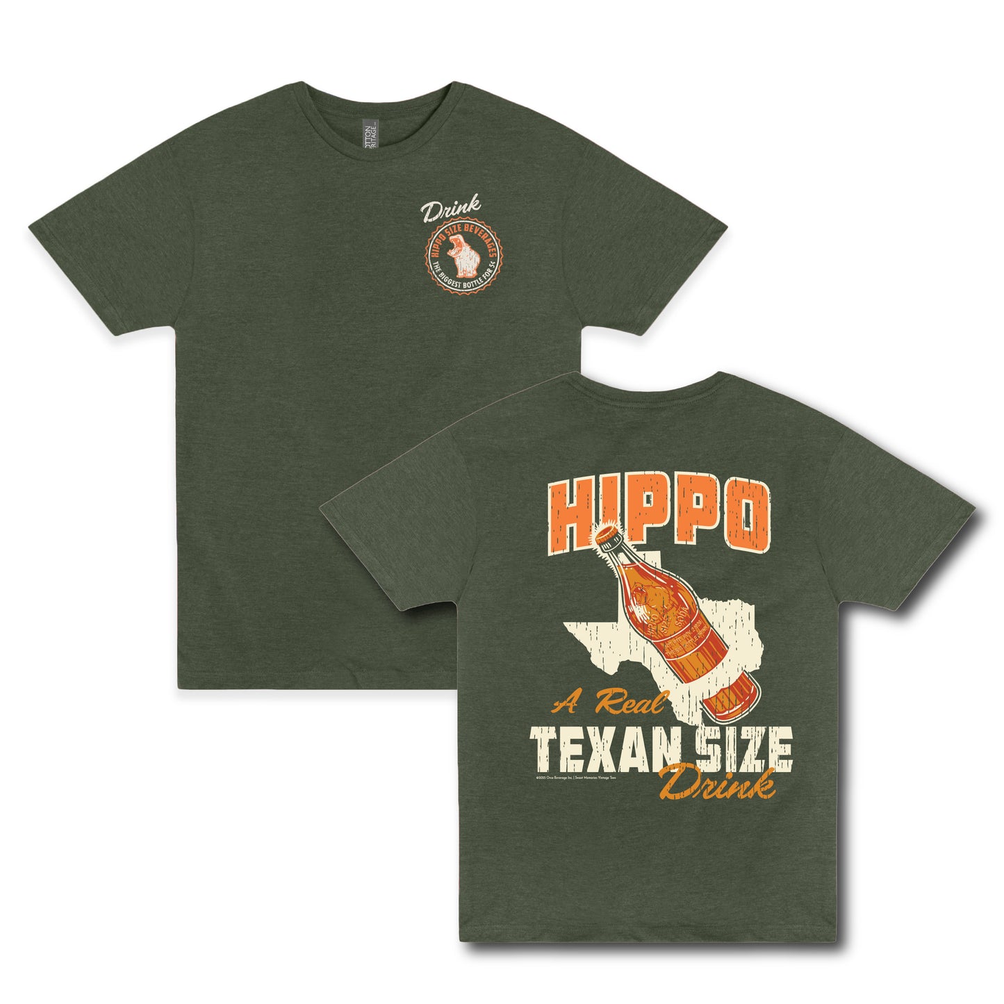 Hippo Size® Beverage – Texan Size Drink Unisex Graphic Tee featuring a retro Hippo Size chest logo on the front and a vintage Texas-themed soda bottle graphic on the back.