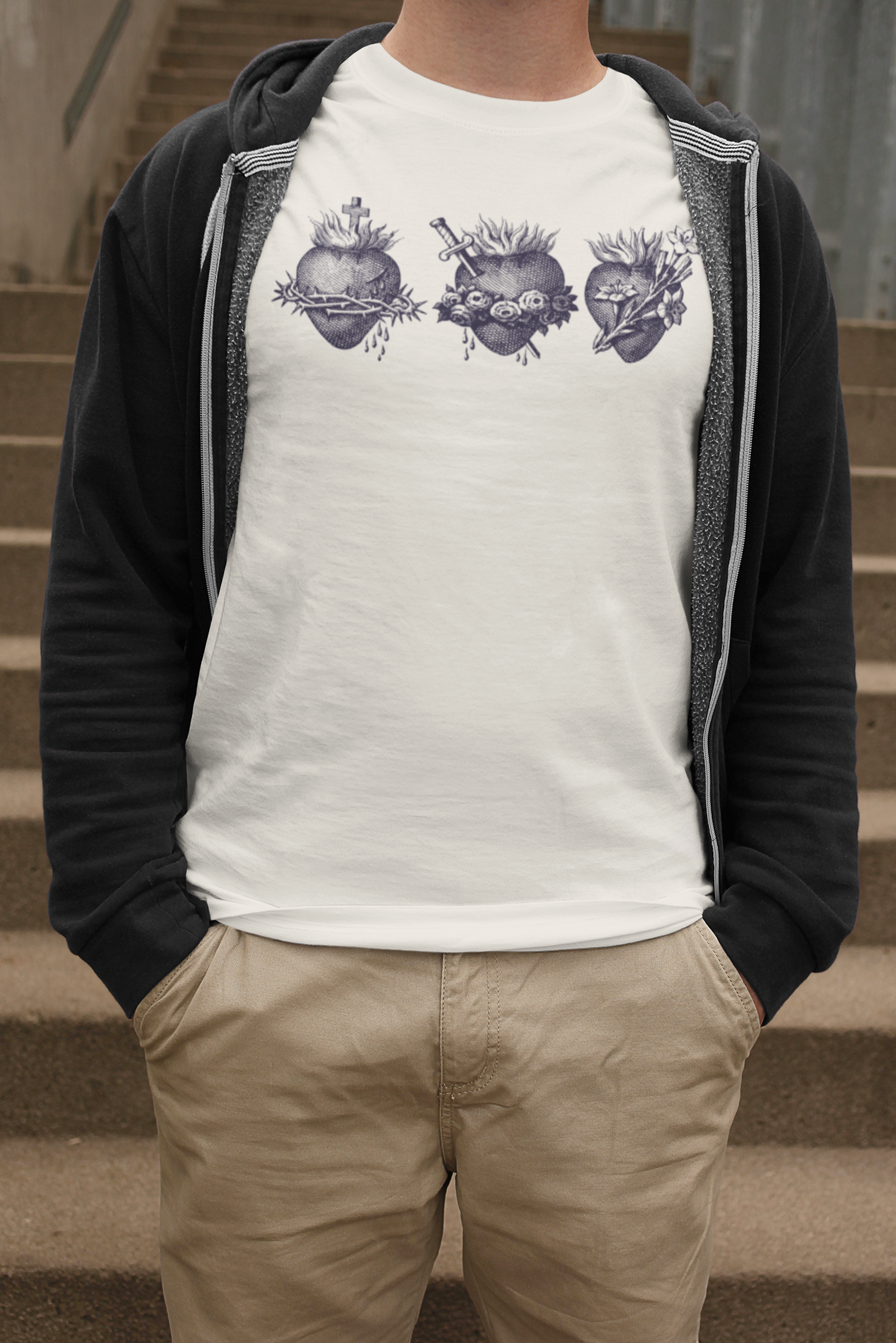 unisex holy family hearts catholic shirt styled casually faith based outfit