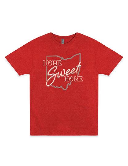 Home Sweet Home Ohio Pride unisex graphic T-shirt featuring a vintage-inspired Ohio home state design.