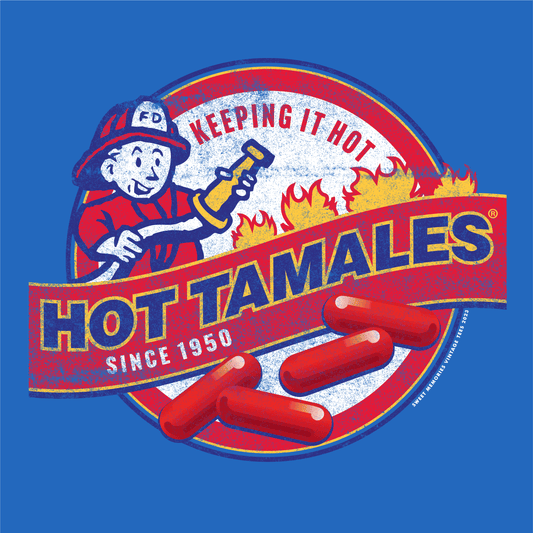 close up of hot tamales keeping it hot since 1950 vintage candy graphic