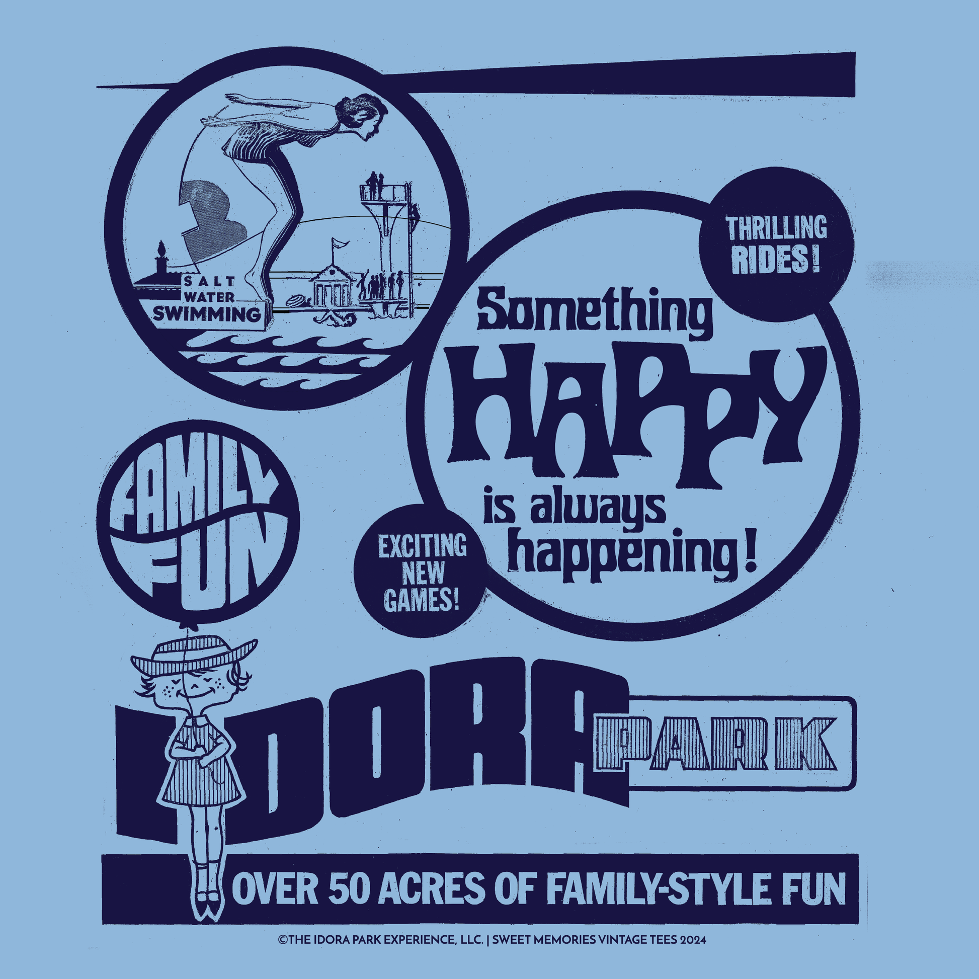 Close-up of the back graphic on the Idora Park Limited Edition tee featuring the "Something Happy Is Always Happening!" design celebrating the historic Youngstown, Ohio amusement park
