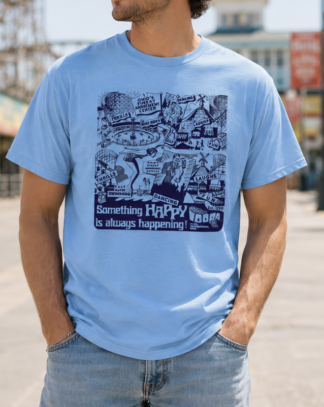Man wearing the officially licensed Idora Park 1930s Original Printer Block Limited Edition light blue T-shirt showing the vintage front graphic inspired by Youngstown, Ohio.
