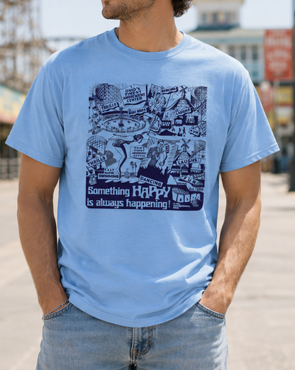 Man wearing the officially licensed Idora Park 1930s Original Printer Block Limited Edition light blue T-shirt showing the vintage front graphic inspired by Youngstown, Ohio.
