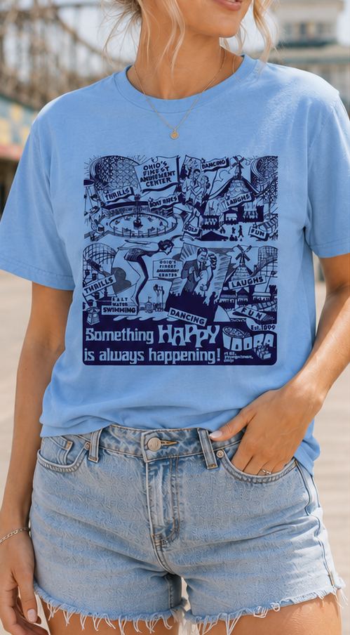 Woman wearing the officially licensed Idora Park 1930s Original Printer Block Limited Edition light blue T-shirt showing the vintage front graphic inspired by Youngstown, Ohio.