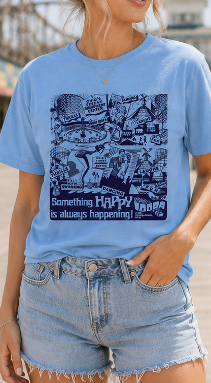 Woman wearing the officially licensed Idora Park 1930s Original Printer Block Limited Edition light blue T-shirt showing the vintage front graphic inspired by Youngstown, Ohio.