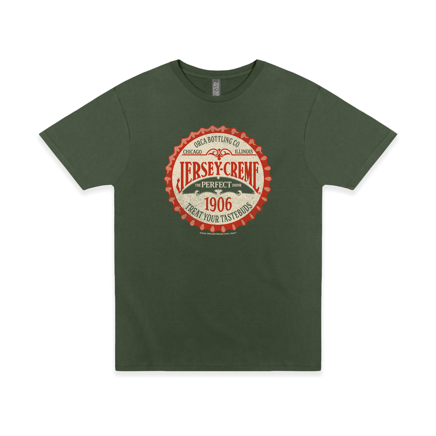 Jersey Creme® Bottle Cap Tee featuring a vintage 1906 bottle cap logo on an olive green unisex graphic T-shirt.