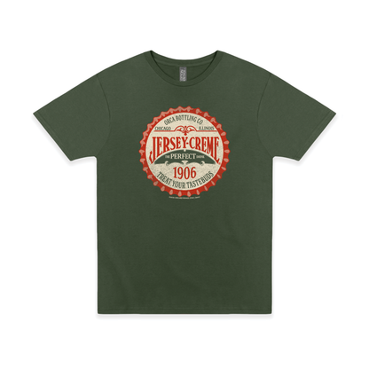 Jersey Creme® Bottle Cap Tee featuring a vintage 1906 bottle cap logo on an olive green unisex graphic T-shirt.