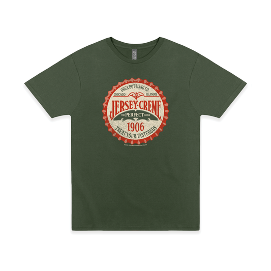 Jersey Creme® Bottle Cap Tee featuring a vintage 1906 bottle cap logo on an olive green unisex graphic T-shirt.