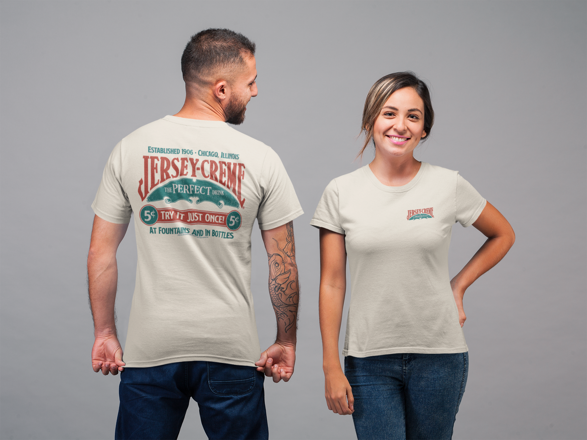 Lifestyle image of the Jersey Creme® The Perfect Drink Tee featuring officially licensed vintage soft drink artwork.