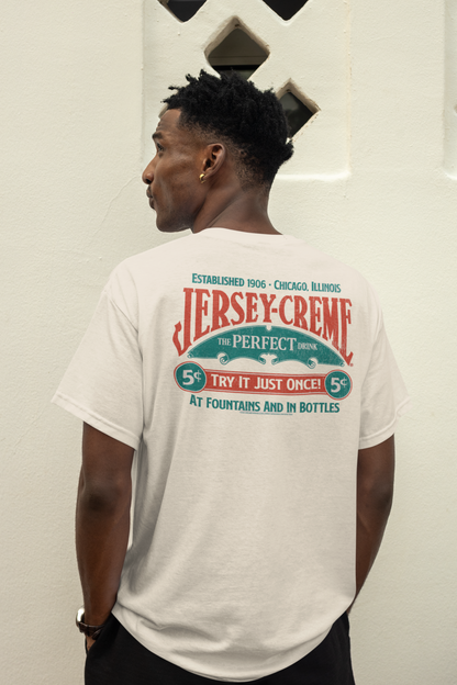 Male model wearing the Jersey Creme® The Perfect Drink Tee featuring a vintage soft drink graphic and retro advertising design.