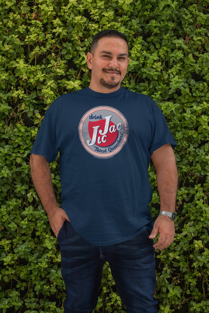 Male model wearing the Jic Jac® Drink! Thirst Quenchers Tee featuring a retro soda-inspired graphic and vintage advertising artwork.