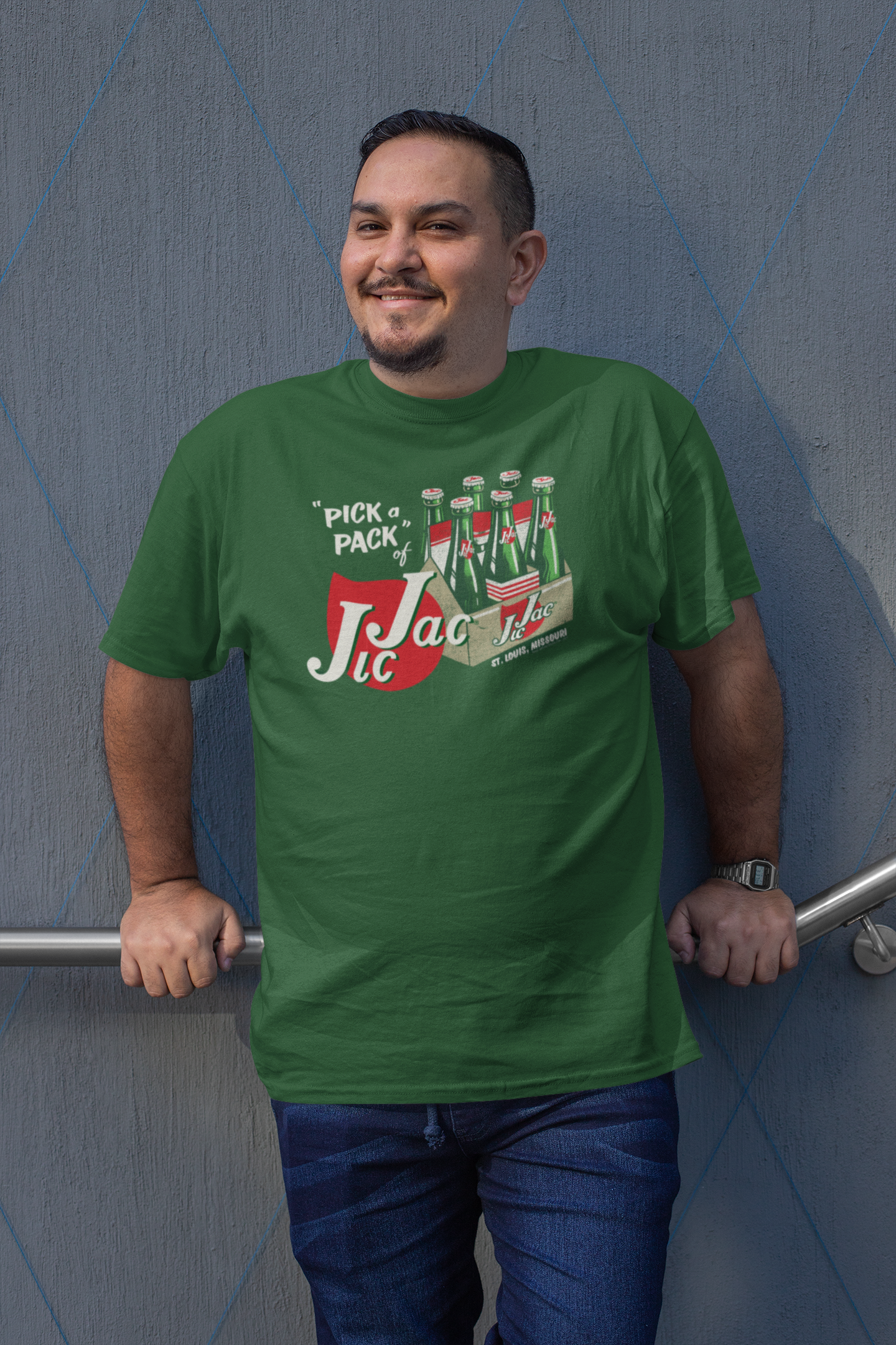 Male model wearing the Jic Jac® Pick A Pack! Tee featuring retro soda pop artwork and vintage-inspired design.