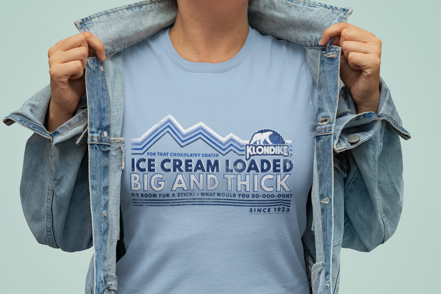 Klondike Big & Thick Vintage Jingle Graphic T-Shirt, retro ice cream bar tee female mockup, unisex soft cotton
