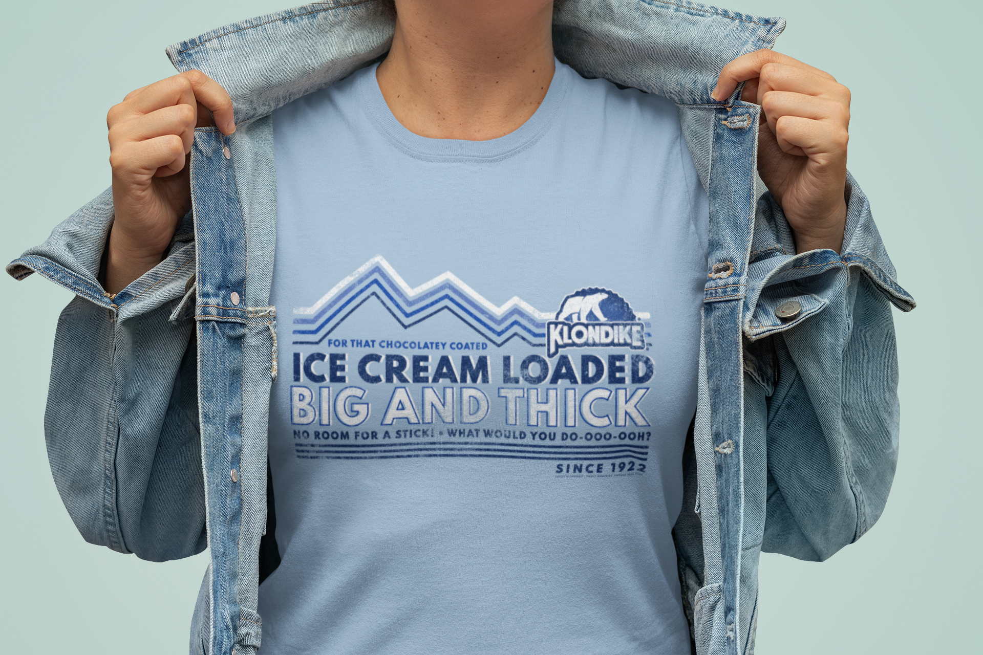 Klondike Big & Thick Vintage Jingle Graphic T-Shirt, retro ice cream bar tee female mockup, unisex soft cotton