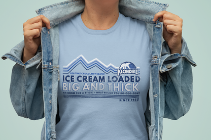Klondike Big & Thick Vintage Jingle Graphic T-Shirt, retro ice cream bar tee female mockup, unisex soft cotton