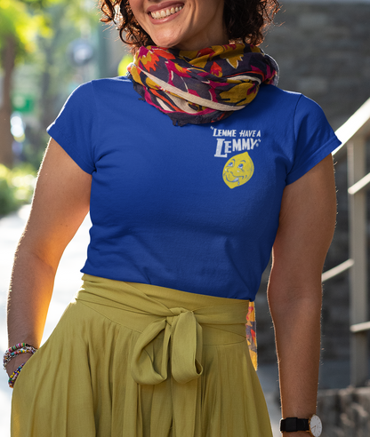 Female model wearing the Lemmy® Lemme Have a Lemmy® Lemonade Tee with nostalgic vintage lemonade artwork.