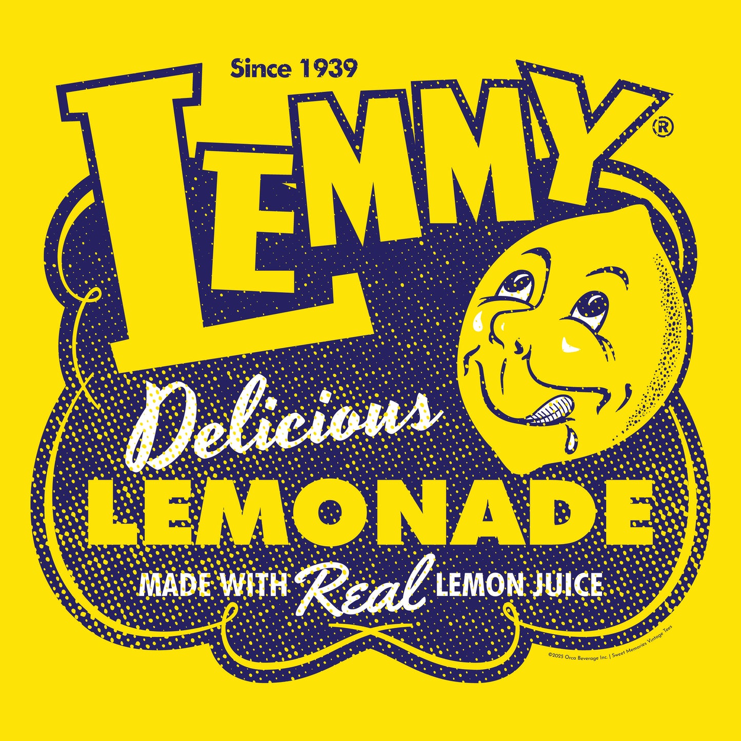 Vintage Lemmy® Lemonade graphic featuring the smiling lemon mascot, "Delicious Lemonade," and "Made with Real Lemon Juice" artwork on a bright yellow background.