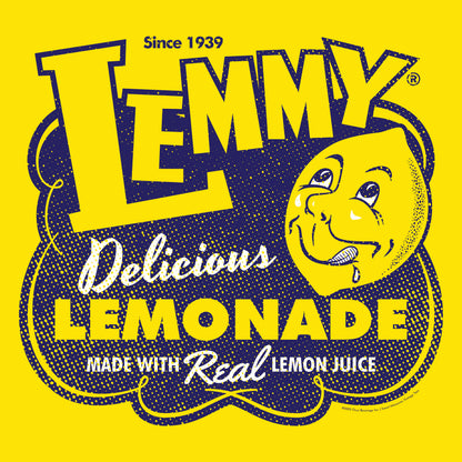 Vintage Lemmy® Lemonade graphic featuring the smiling lemon mascot, "Delicious Lemonade," and "Made with Real Lemon Juice" artwork on a bright yellow background.