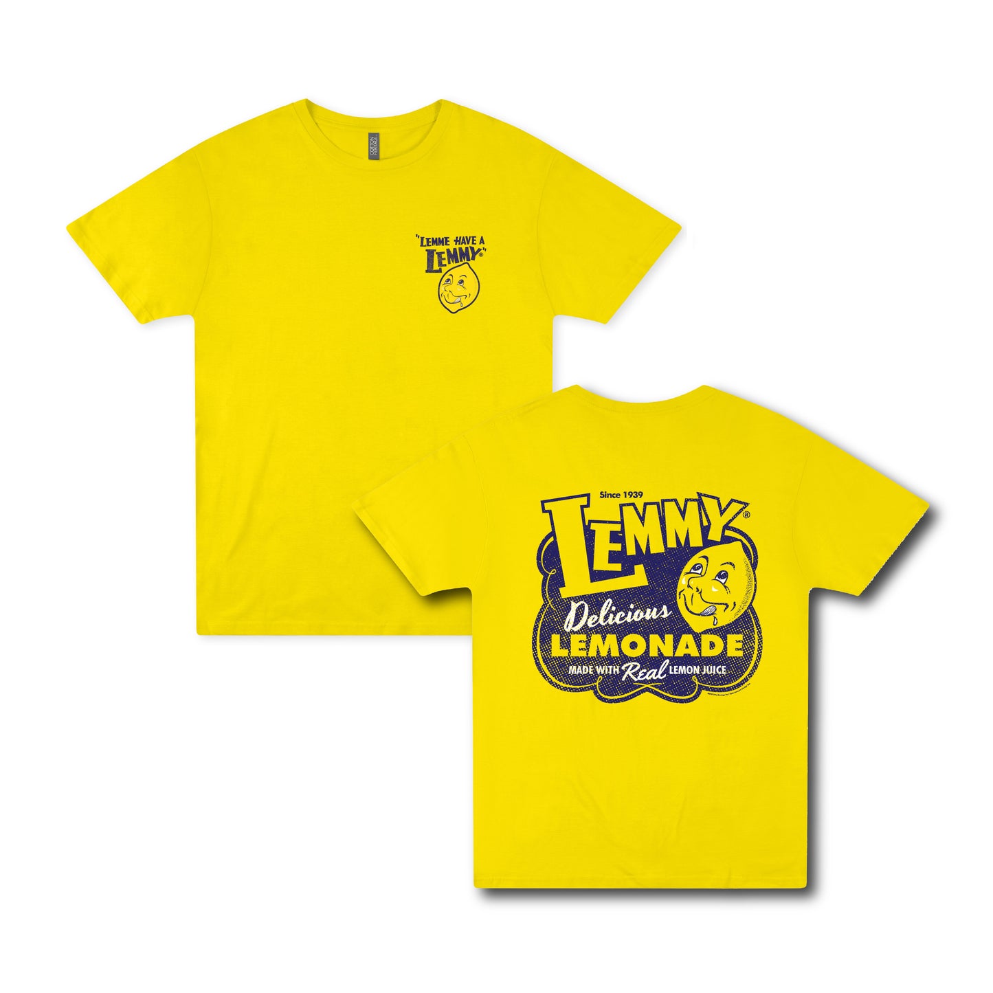 Officially Licensed Lemmy® Lemonade unisex graphic T-shirt displaying the front left chest Lemmy® logo and oversized vintage Lemonade back graphic on a bright yellow tee.