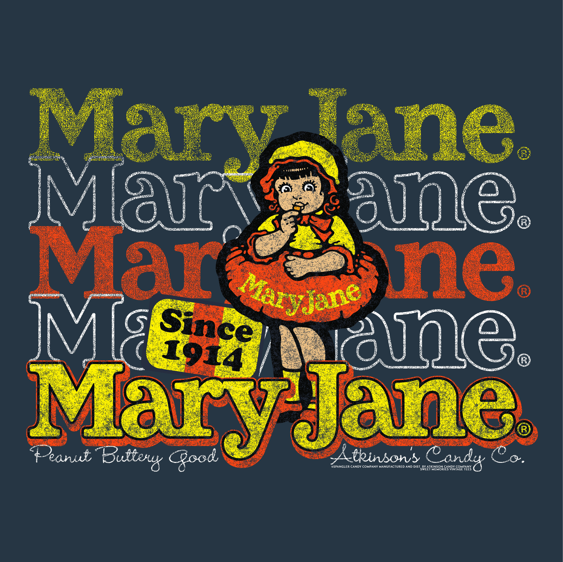 close up of mary jane since 1914 retro candy logo graphic