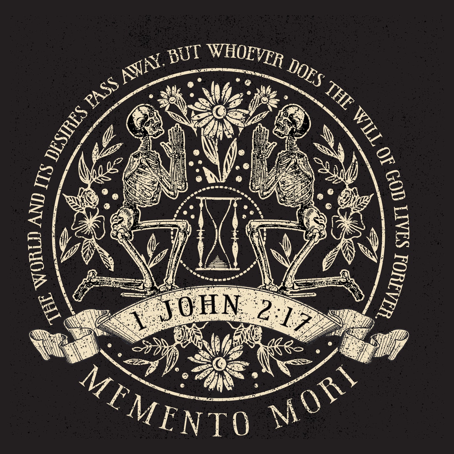 close up of memento mori floral skeleton and 1 john 2 17 graphic