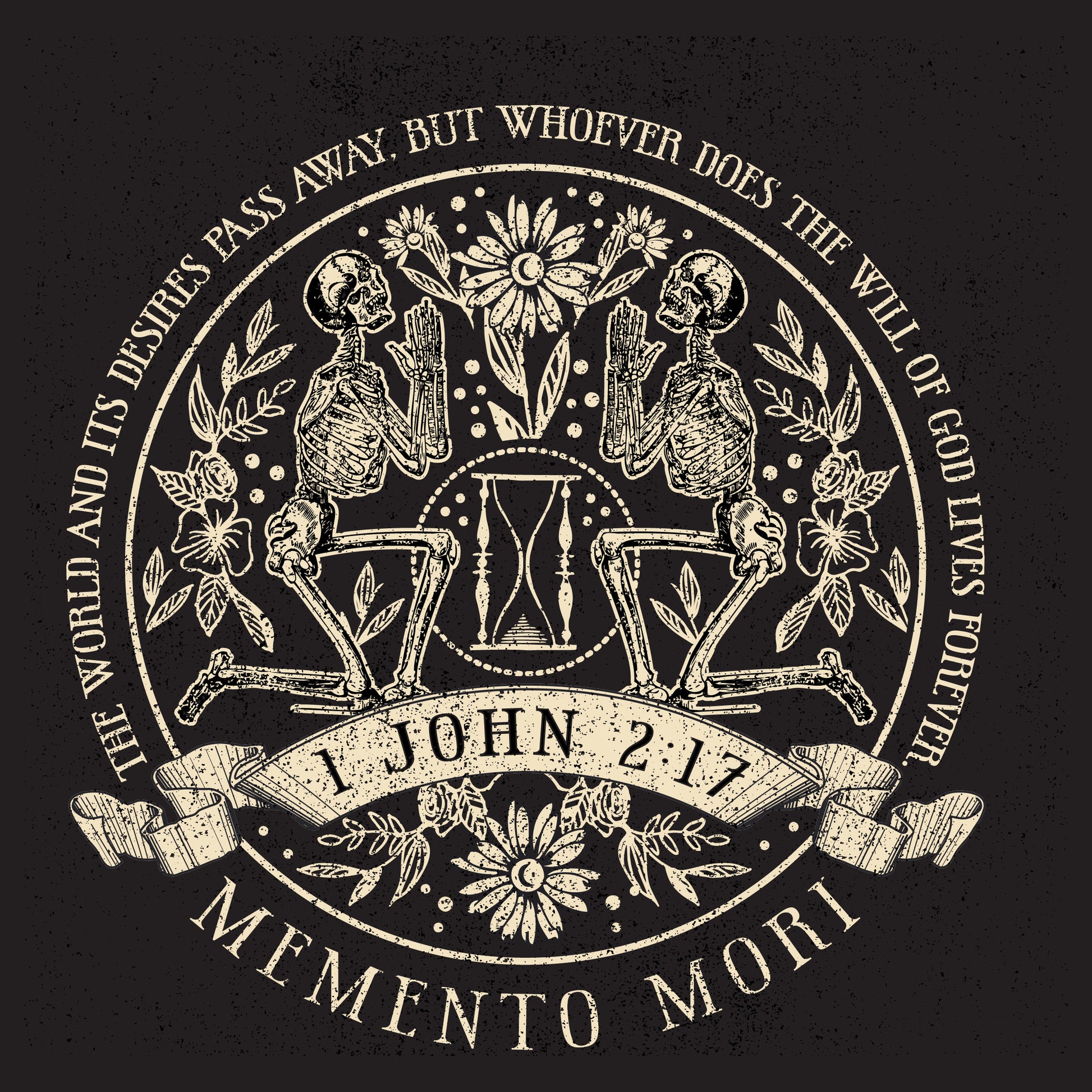 close up of memento mori floral skeleton and 1 john 2 17 graphic