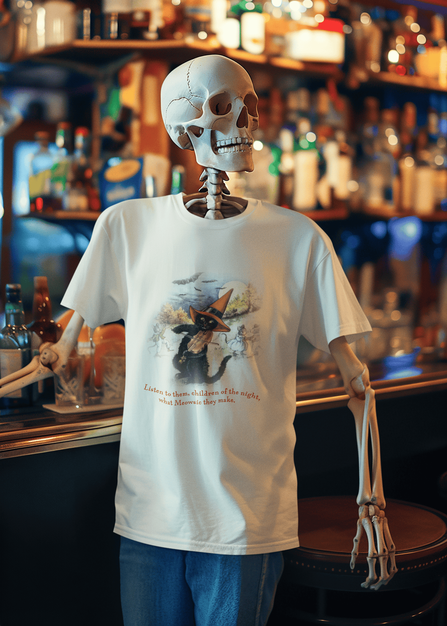 Skeleton wearing the Meowsic of the Night Sweet Memories Halloween Exclusive tee in a spooky fall setting