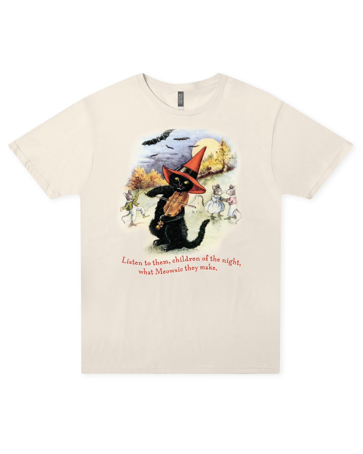 Meowsic of the Night Sweet Memories Halloween Exclusive cream graphic tee featuring a vintage black cat playing the violin