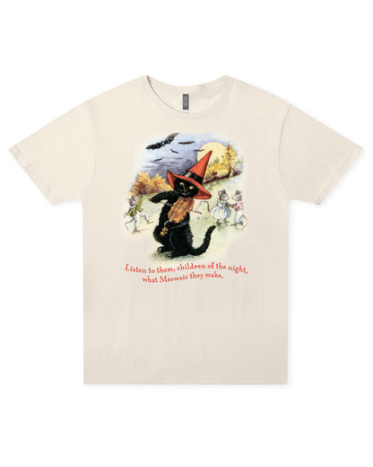 Meowsic of the Night Sweet Memories Halloween Exclusive cream graphic tee featuring a vintage black cat playing the violin