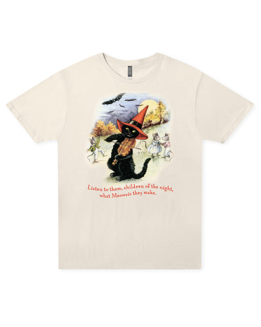 Meowsic of the Night Sweet Memories Halloween Exclusive cream graphic tee featuring a vintage black cat playing the violin