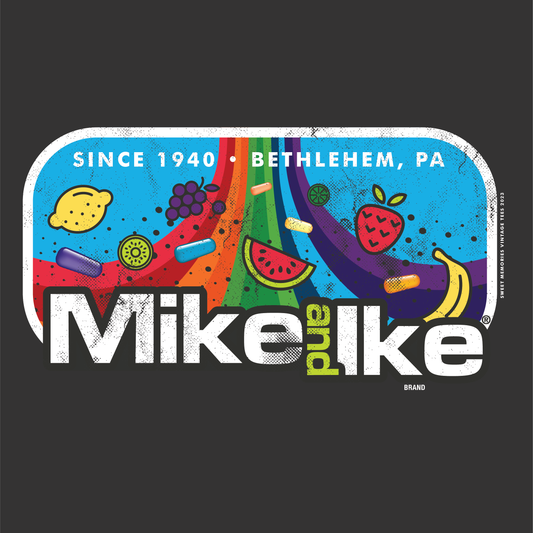 close up of mike and ike retro 80s rainbow candy graphic