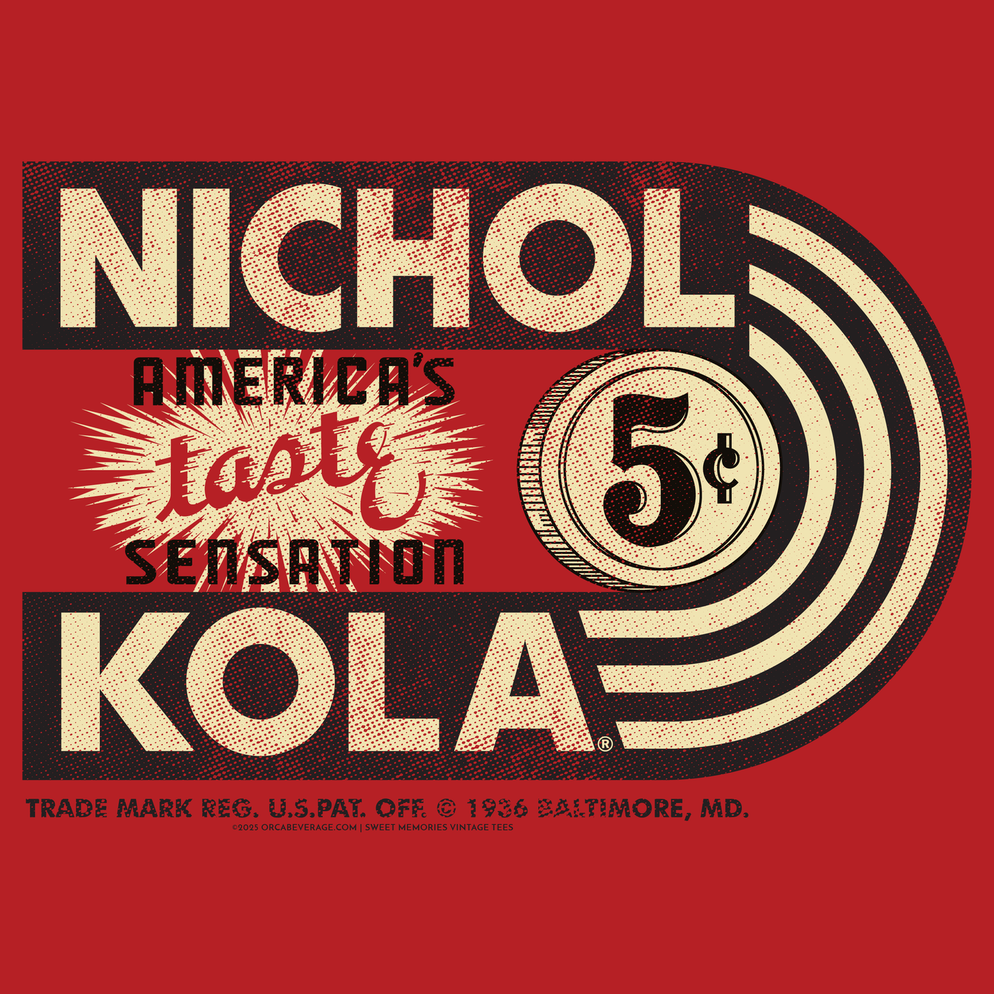 Vintage Nichol Kola® America's Taste Sensation artwork featuring nostalgic soda branding and retro advertising design