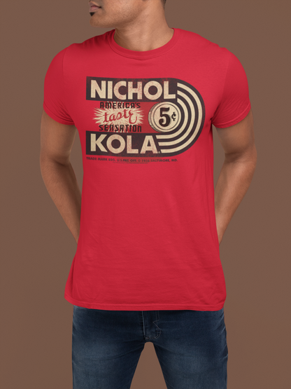 Male model wearing the Nichol Kola® America's Taste Sensation Tee featuring a classic vintage soda graphic.