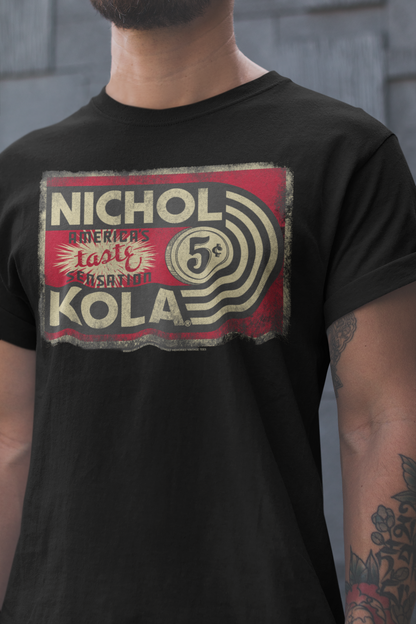Male model wearing the Nichol Kola® Vintage Sign Tee featuring a retro soft drink sign graphic.