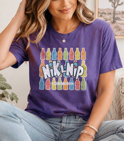 unisex nik l nip vintage logo pastel shirt styled casually for candy lovers and nostalgic wax candy fans 