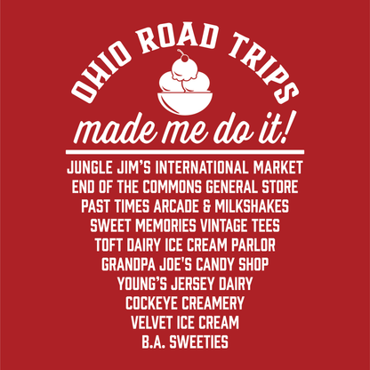 Ohio Road Trips made me do it graphic listing Ohio's Top 10 ice cream parlors, candy shops, and sweet destinations in a bold vintage design.