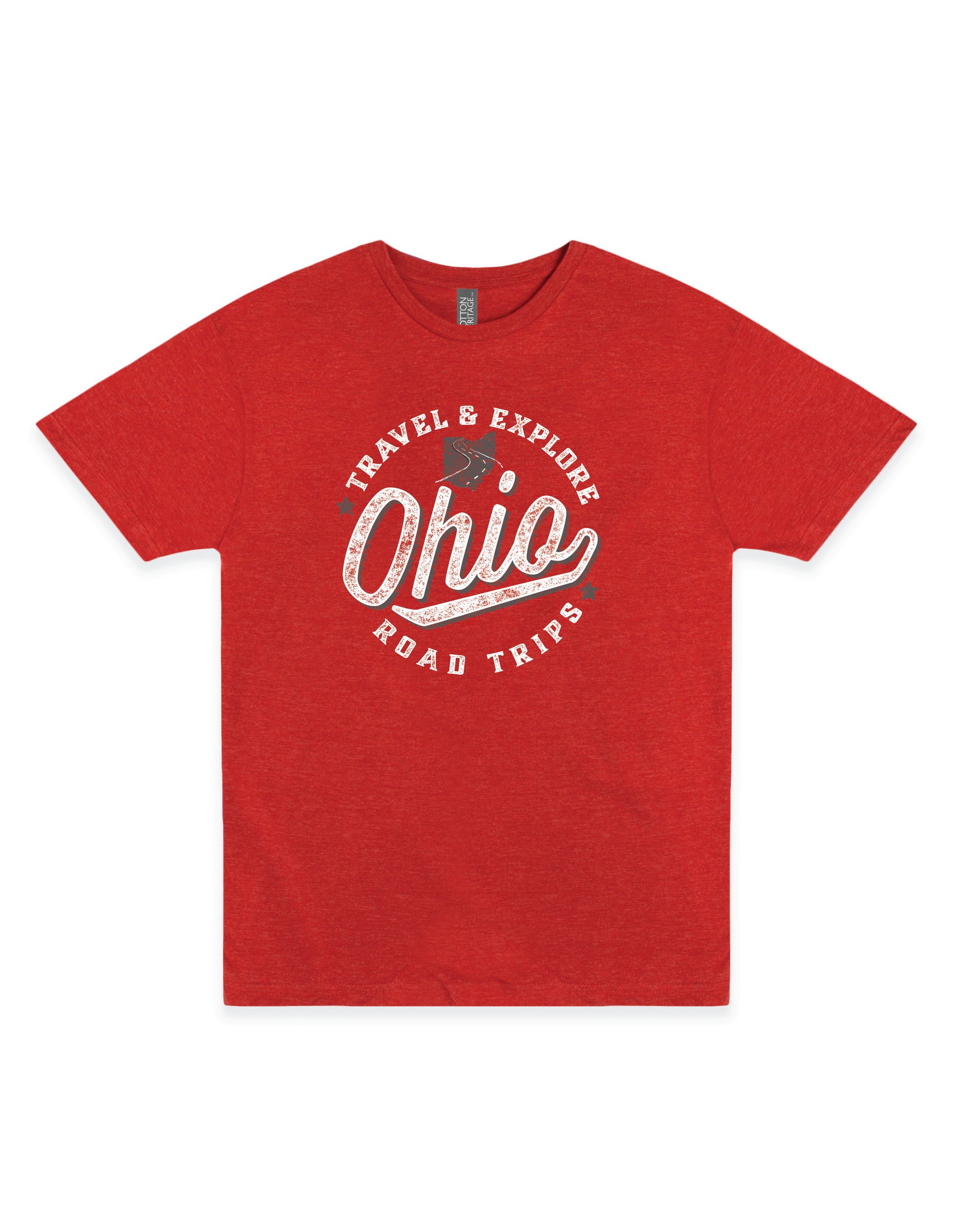 Ohio Road Trips – Ohio's Top 10 Ice Cream & Sweets Trail Unisex Graphic Tee featuring a vintage Travel & Explore Ohio front design and Ohio Road Trips sweets trail back print on a heather red T-shirt.